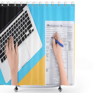 Personality  Cropped View Of Woman Typing On Laptop And Filling Tax Form On Blue And Yellow Background Shower Curtains
