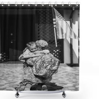 Personality  Military Servicewoman Embracing Daughter, While Sitting On Knee Near House And American Flag, Monochrome Shower Curtains