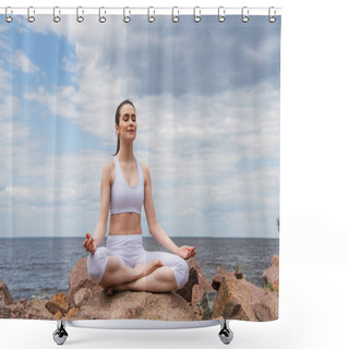 Personality  Cheerful Woman In Headphones And Sportswear Sitting In Lotus Pose While Meditating Near Sea  Shower Curtains