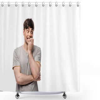 Personality  Scared Young Man Looking Away While Holding Hand Near Face Isolated On White Shower Curtains
