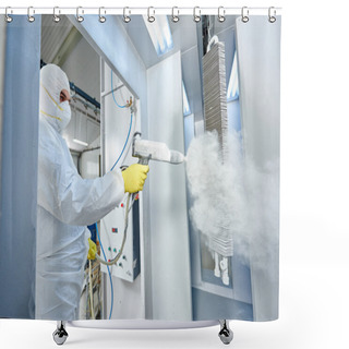 Personality  Industrial Metal Coating. Man In Protective Suit, Wearing A Gas Shower Curtains