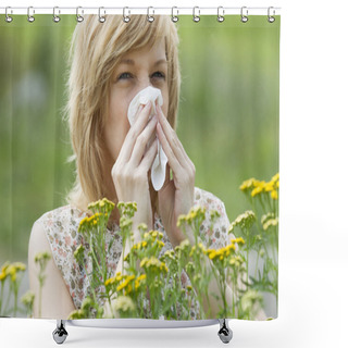 Personality  Woman Blowing Nose Into Tissue Outdoors Shower Curtains