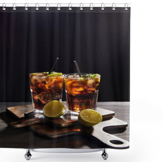Personality  Cocktails Cuba Libre In Glasses With Straws And Limes On Black Background  Shower Curtains