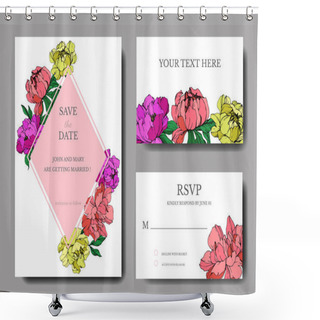 Personality  Vector Wedding Elegant Invitation Cards With Purple, Yellow And Living Coral Peonies Illustration On White Background. Shower Curtains