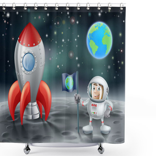 Personality  Cartoon Astronaut And Vintage Space Rocket On The Moon Shower Curtains