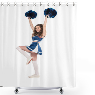 Personality  Full Length View Of Happy Cheerleader Girl In Blue Uniform Dancing With Pompoms Isolated On White Shower Curtains