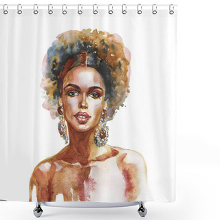 Personality  Watercolor Beauty African Woman. Painting Fashion Illustration. Hand Drawn Portrait Of Pretty Girl On White Background Shower Curtains