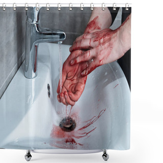 Personality  Partial View Of Man Washing Bleeding Hands In Sink Shower Curtains