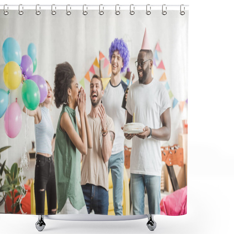 Personality  Happy Young Men And Woman Celebrating With Birthday Cake  On Surprise Party Shower Curtains