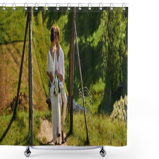 Personality  Joyful Interracial Newlyweds In Boho Style Attire On Swing In Picturesque Rural Setting, Banner Shower Curtains