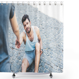 Personality  Cropped Shot Of Woman Helping Injured Sportsman Sitting On Pavement  Shower Curtains