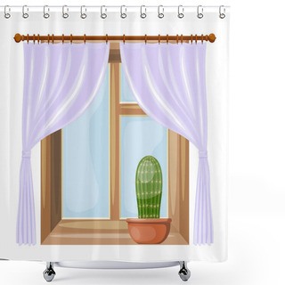 Personality  Color Image Cartoon Style Windows With Curtains On A White Background. Vector Illustration Of A Window With A Flower Cactus Shower Curtains