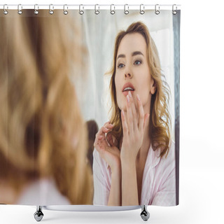 Personality  Beautiful Woman Looking At Lips In Mirror Reflection Shower Curtains