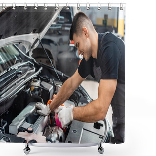 Personality  Smiling Mechanic Checking Engine Oil Level With Dipstick Shower Curtains