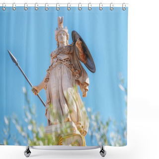 Personality  Athena Marble Statue With Helmet, Spear And Shield, Over Some Olive Tree Leaves, Athens Greece Shower Curtains