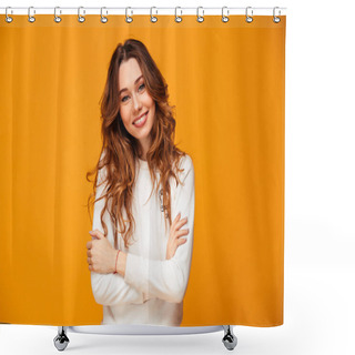 Personality  Smiling Brunette Woman In Sweater Posing With Crossed Arms Shower Curtains