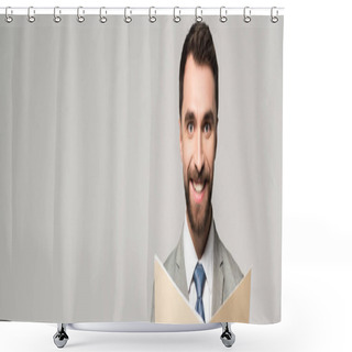 Personality  Panoramic Shot Of Positive Businessman Smiling At Camera While Holding Paper Folder Isolated On Grey Shower Curtains
