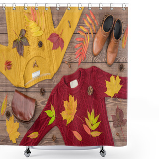 Personality  Women's Autumn Outfit On Wooden Background Shower Curtains