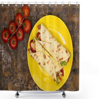 Personality  Tortilla With Chicken, Croutons, Mozzarella, Tomatoes, Bell Peppers, Sauce And Greens. Top View. Close-up Shower Curtains