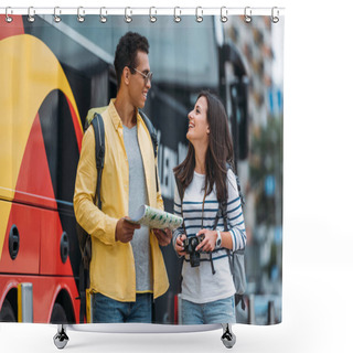 Personality  Woman With Digital Camera Smiling To Mixed Race Friend With Map And Backpack Shower Curtains