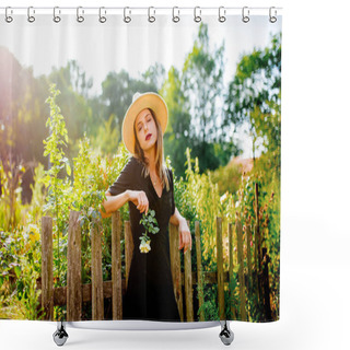 Personality  Woman In Hat In A Summertime Countryside Garden Shower Curtains