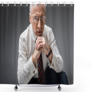 Personality  Mature Businessman In Glasses And Suit Looking At Camera With Clenched Hands On Grey  Shower Curtains