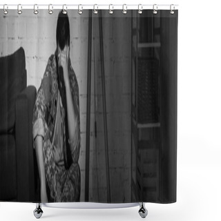 Personality  Black And White Photo Of Military Veteran Suffering From Emotional Distress At Home, Banner  Shower Curtains