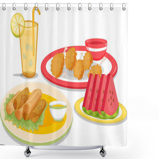 Personality  An Illustration Of Different Types Of Food And A Drink Shower Curtains