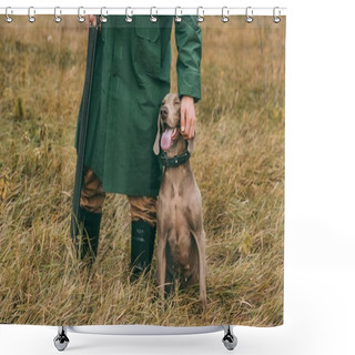 Personality  Man Standing And Petting Dog Shower Curtains