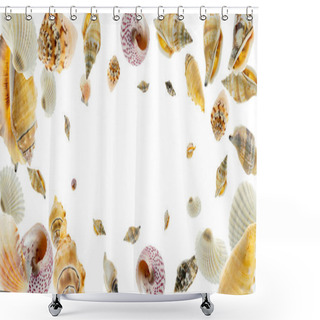 Personality  Summer Sale. Living Coral Color Seashells, Red Starfish In Shape Frame Isolated On White Background. Hello Summer Is Coming Concept Shower Curtains