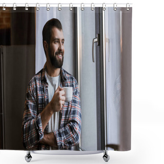 Personality  Happy Handsome Man With Coffee Cup Looking At Window Shower Curtains