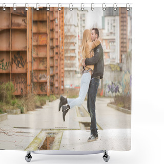 Personality  Woman Romantic Love Jump And Kiss Man In Urban City Shower Curtains