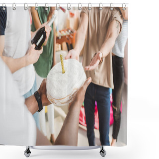 Personality  Cropped View Of People Celebrating Birthday With Cake At Party Shower Curtains