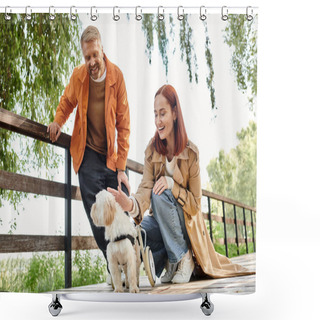 Personality  An Adult Couple Lovingly Pets A Small Dog While Walking In A Park. Shower Curtains