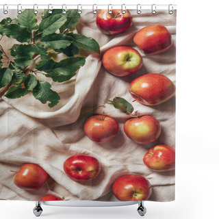 Personality  Top View Of Freshness Apples With Apple Tree Leaves On Sacking Cloth Shower Curtains