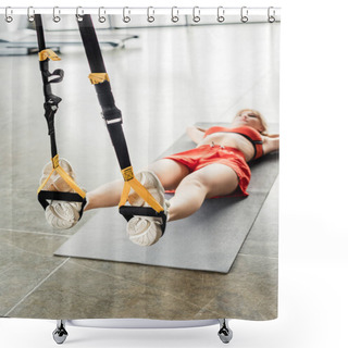Personality  Selective Focus Of Athletic Woman In Sportswear Exercising With Resistance Bands While Lying On Fitness Mat  Shower Curtains