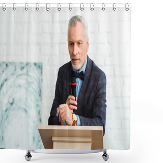 Personality  Handsome Auctioneer In Suit Talking With Microphone During Auction Shower Curtains