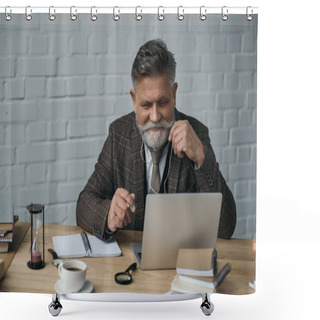 Personality  Happy Senior Writer Working With Laptop Shower Curtains