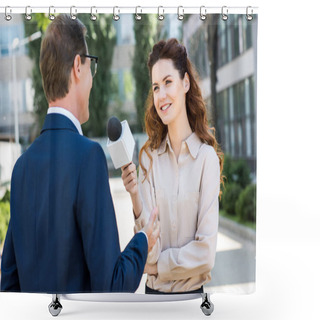 Personality  Smiling Female Journalist Taking Interview With Businessman Shower Curtains