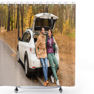 Personality  Smiling Couple Sitting In Car Trunk Shower Curtains