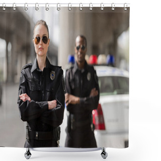 Personality  Police Officers With Crossed Arms Looking At Camera In Front Of Car Shower Curtains