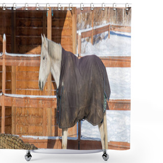 Personality  Horse At Snowy Farm Scene In Sunlight Shower Curtains