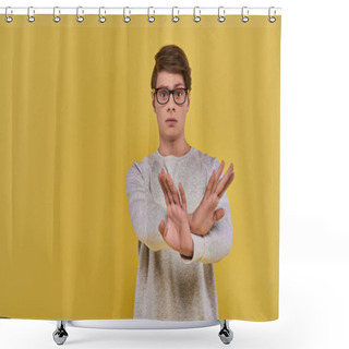 Personality  Young Sad Man In White Sweatshirt With Glasses Showing Denial Cross Hand Gesture On Yellow Backdrop Shower Curtains