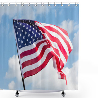 Personality  Low Angle View Of Stars And Stripes On American Flag Against Blue Sky Shower Curtains