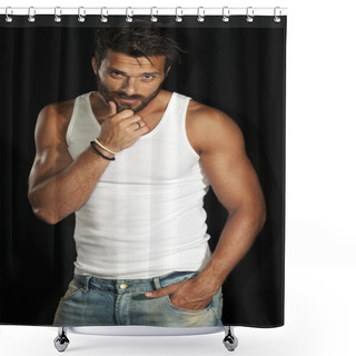 Personality  Super Athlete, Handsome Man In White T Shirt With Muscular Body Shower Curtains
