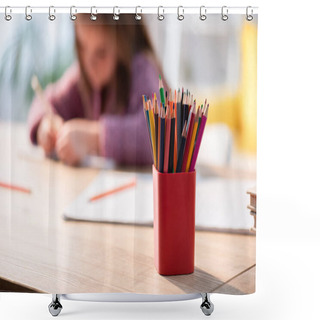 Personality  Colored Pencils In Holder On Desk With Blurred Girl On Background Shower Curtains