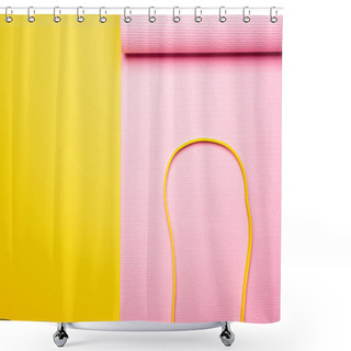 Personality  Top View Of Elastic Band On Pink Fitness Mat On Yellow Background Shower Curtains