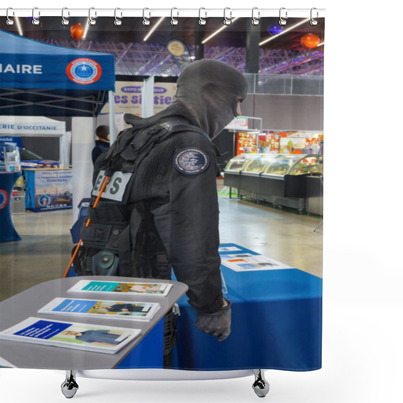 Personality  Aussonne, France - April 19, 2024 - Mannequin Of A Hooded Officer With ERIS, The Elite Intervention Unit With The Prison Administration Of The French Ministry Of Justice, Exhibited At Toulouse Fair Shower Curtains