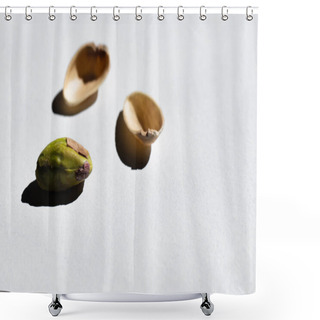Personality  Cracked Green And Salty Pistachio Near Blurred Nutshells On White Background  Shower Curtains