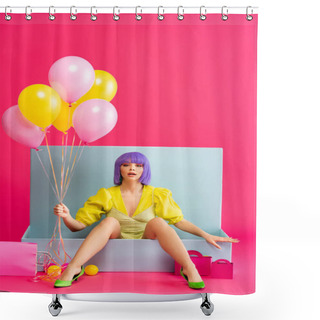 Personality  Emotional Girl In Purple Wig As Doll Holding Balloons And Sitting In Blue Box With Balls And Shopping Bags, On Pink Shower Curtains